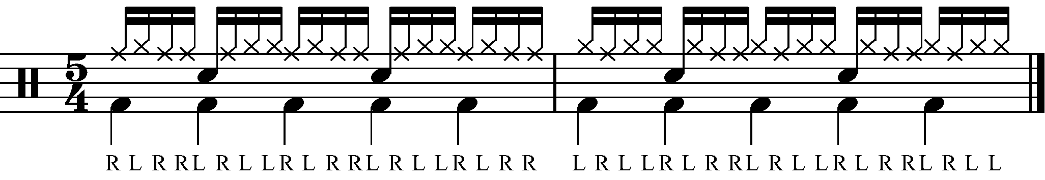 A 5/4 common time paradiddle groove