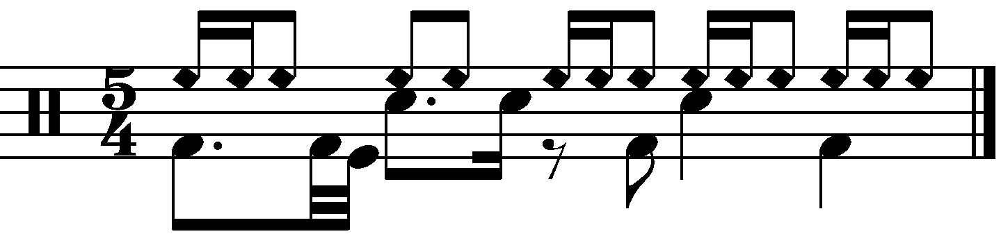 A 5/4 common time groove with 32nd kick decoration