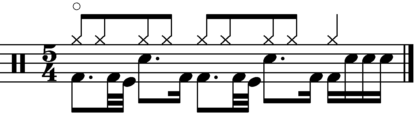 A 5/4 common time groove with 32nd kick decoration