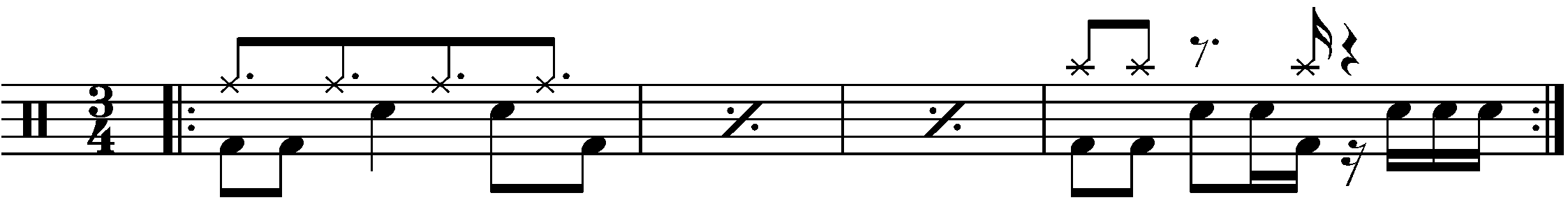 A four bar phrase in 3/4 with a syncopated right hand