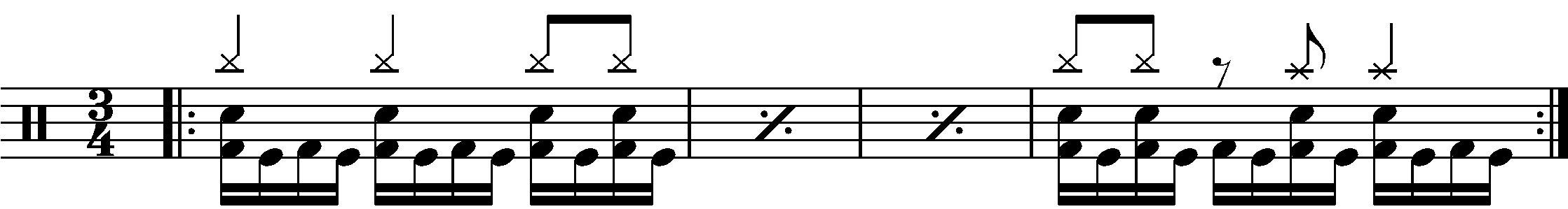 A four bar phrase with constant sixteenth double kick