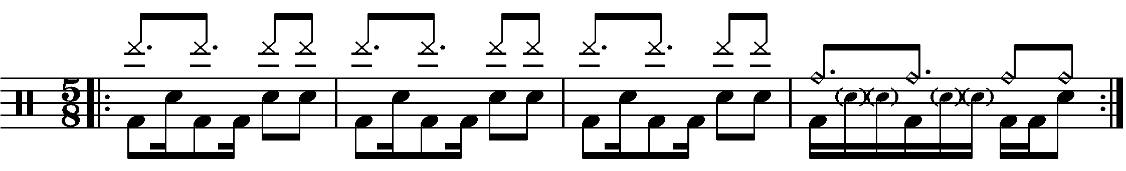 A four bar phrase in 5/8 based on patterns in double time