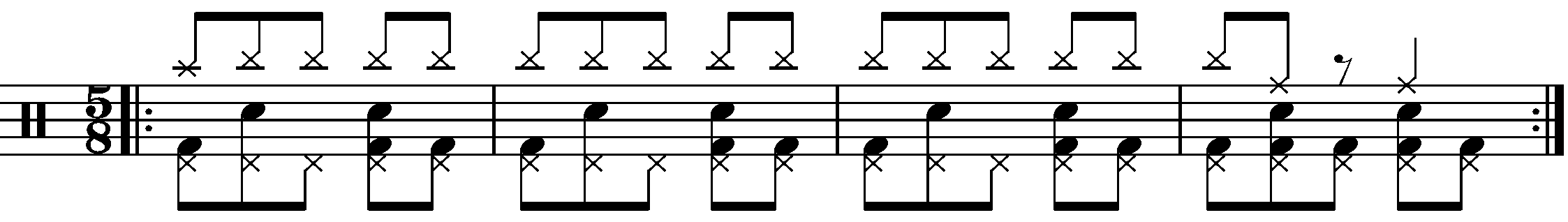 A four bar phrase in 5/8 based on patterns in double time