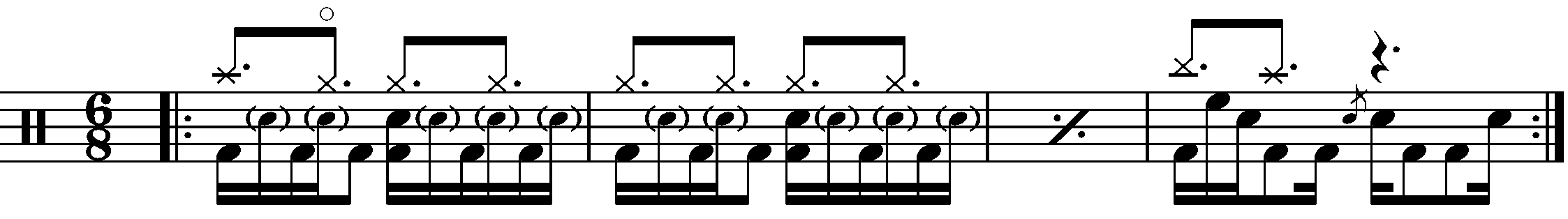 A four bar phrase in 6/8 based around a dotted eighth back beat