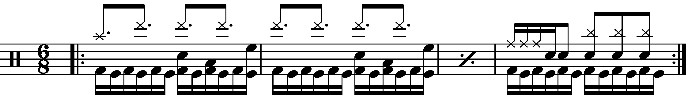 A four bar phrase in 6/8 based around a dotted eighth back beat