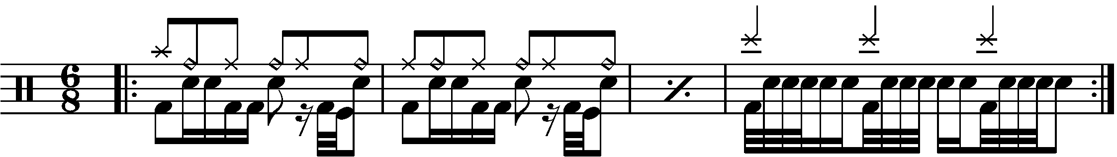 A four bar phrase in 6/8 based on patterns in double time