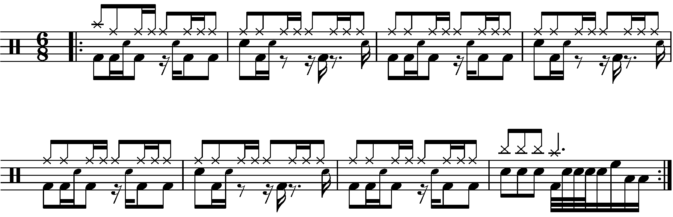 A four bar phrase in 6/8 based on patterns in half time