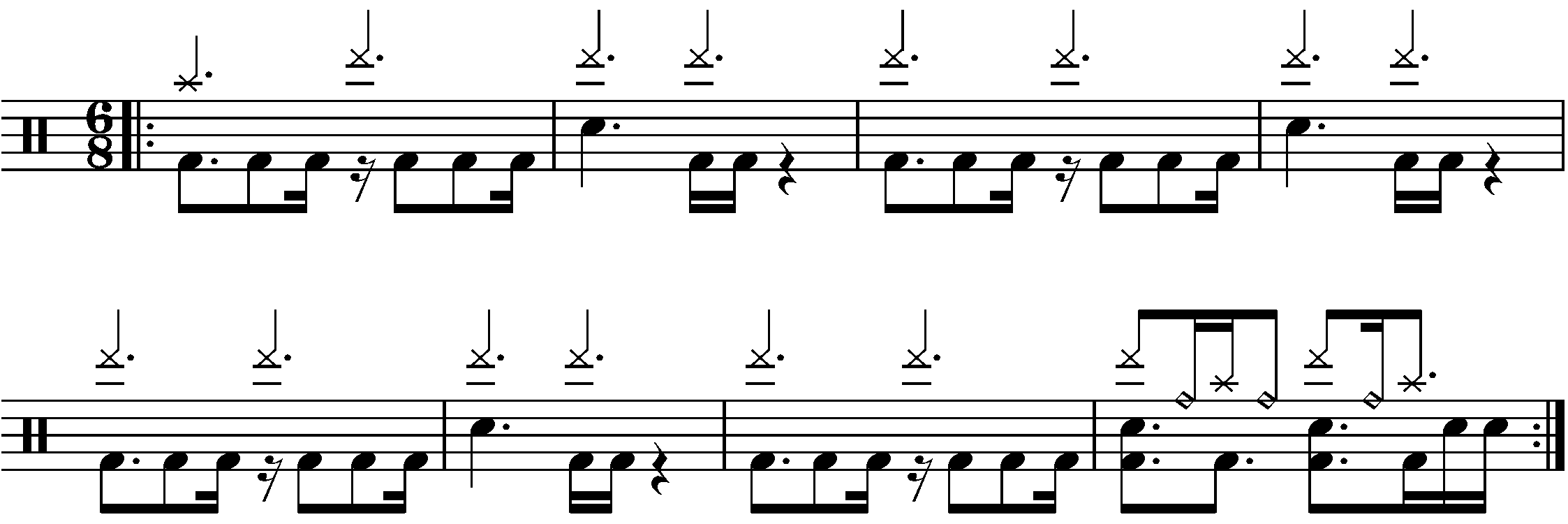 A four bar phrase in 6/8 based on patterns in half time