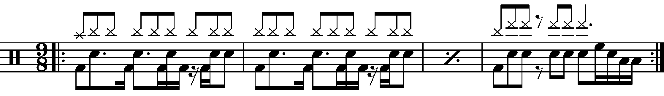 A four bar phrase in 9/8 based on patterns in double time