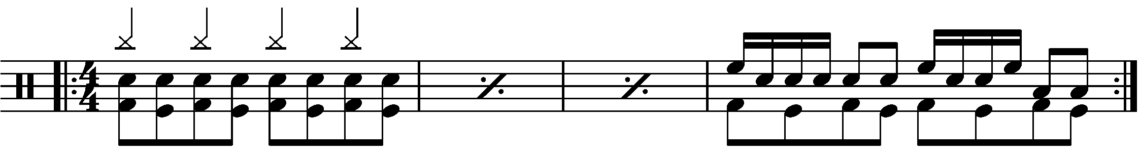 A four bar phrase with constant eighth note blast beats