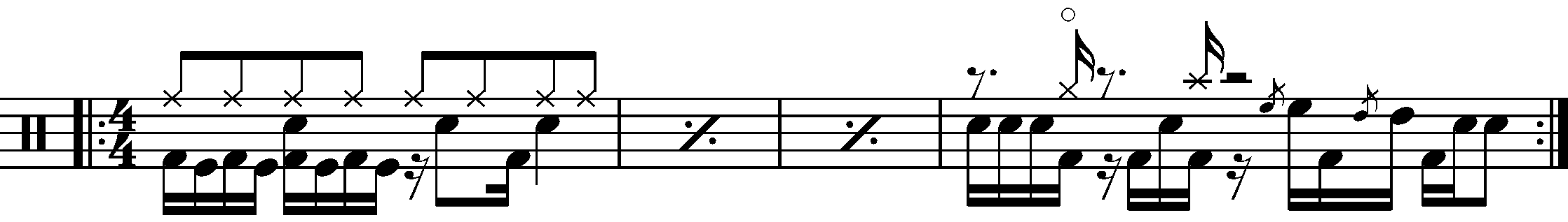 A four bar phrase with sixteenth double kick