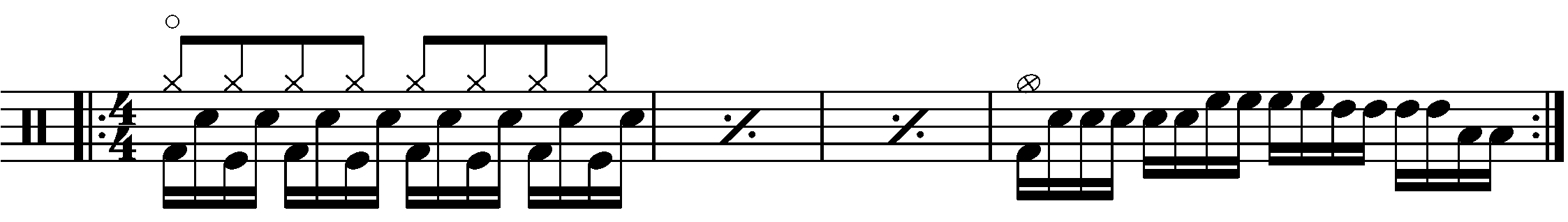 A four bar phrase built around sub divided eighth note blast beats