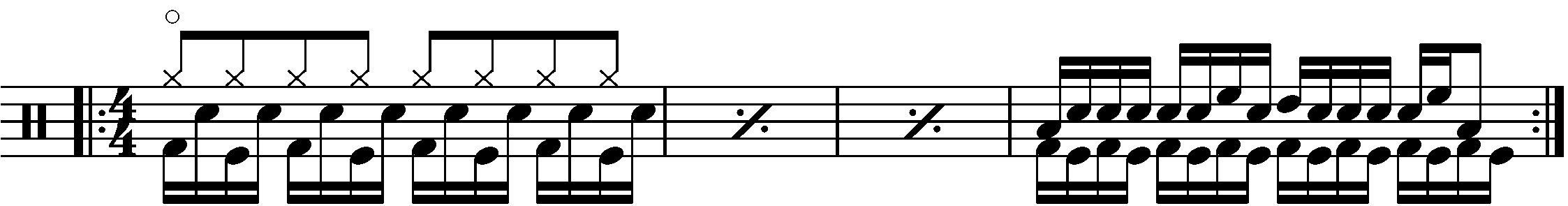 A four bar phrase built around sub divided eighth note blast beats