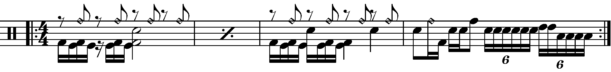 A four bar phrase based on a rhythmic double kick part