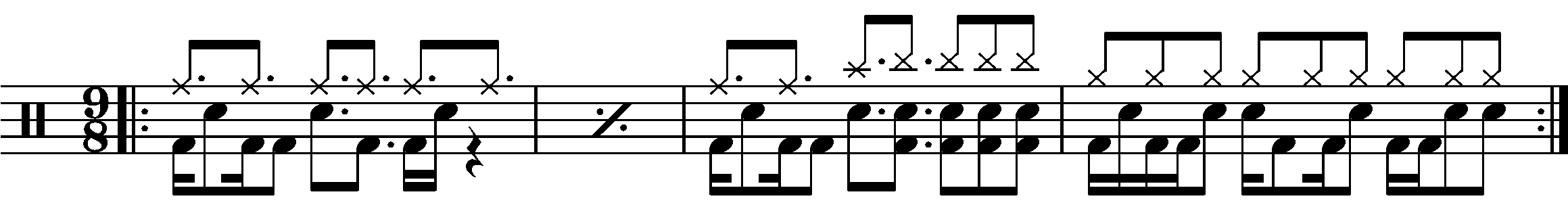 A four bar phrase in 9/8 based around a dotted eighth back beat