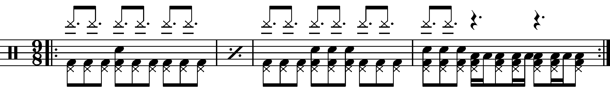 A four bar phrase in 9/8 based around a dotted eighth back beat
