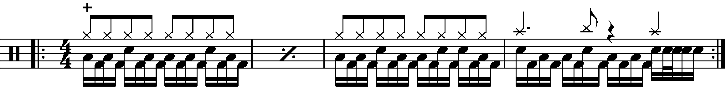 A four bar phrase based on the fake double kick groove concept