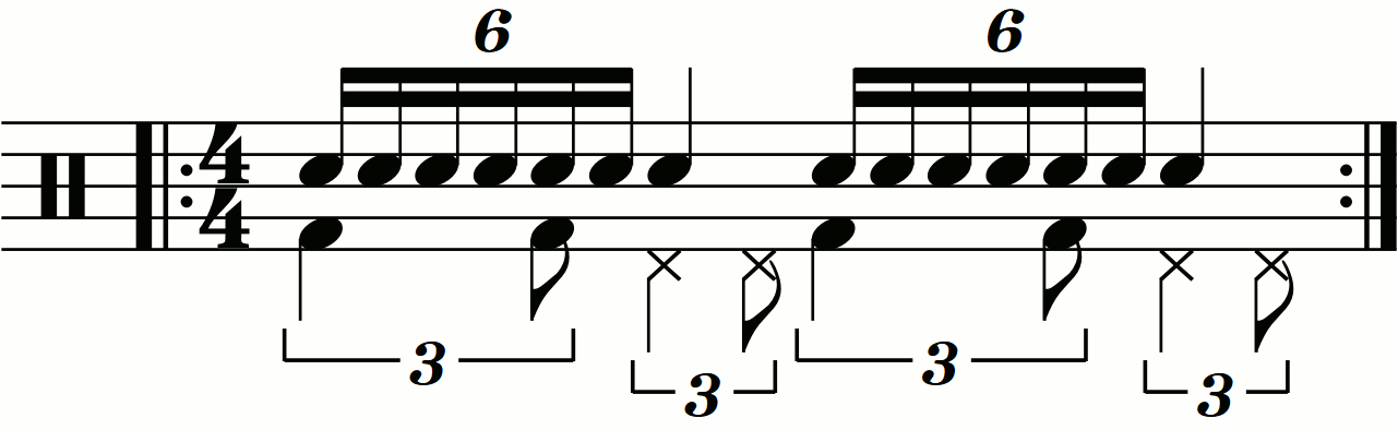 Swung eighth note feet under a seven stroke roll