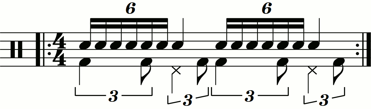 Swung eighth note feet under a seven stroke roll