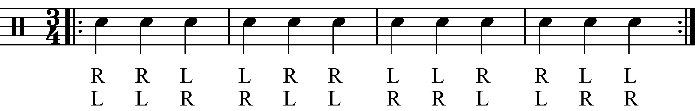 A Double Stroke Roll in 3/4 as dotted crotchets.