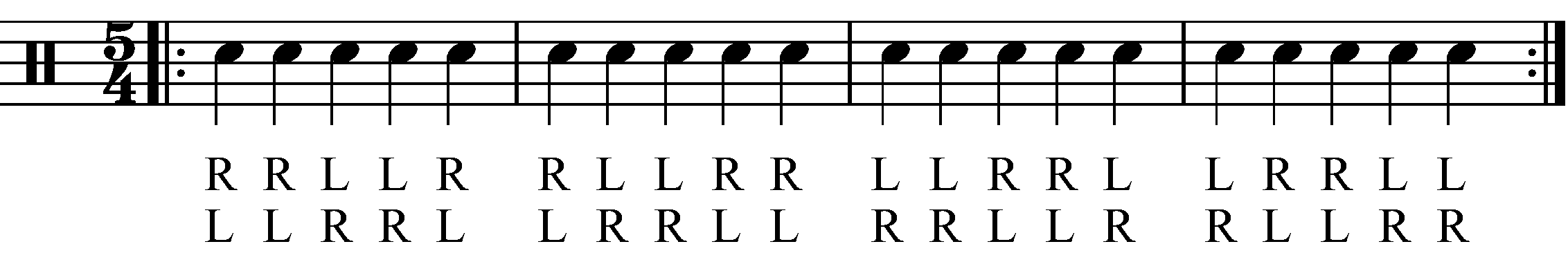 A Double Stroke Roll in 5/4 as dotted crotchets.