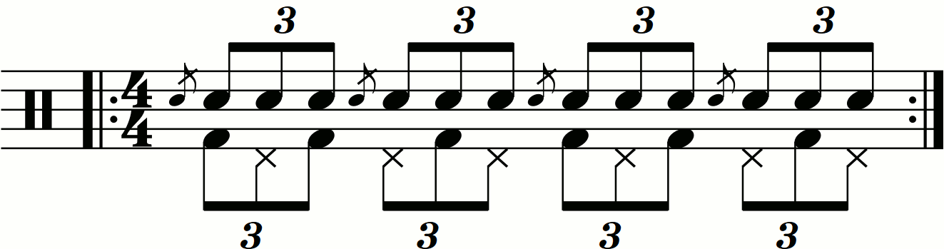 Eighth note triplets on the feet under a flam accent