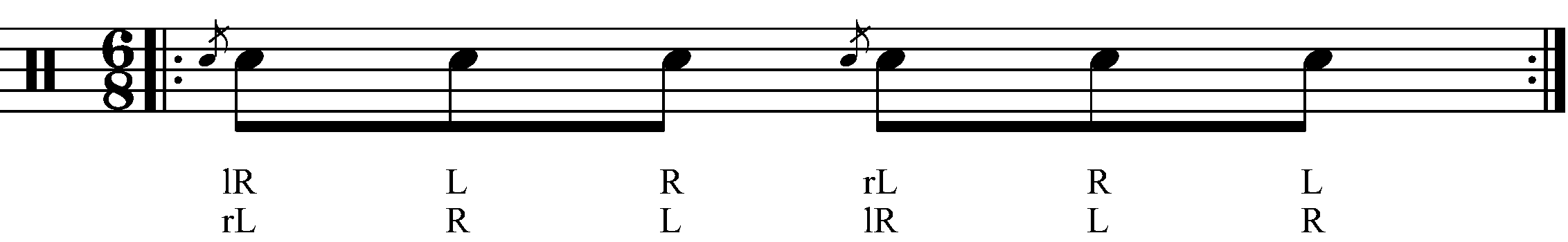 A Flam Accent in 6/8 played as eighths.