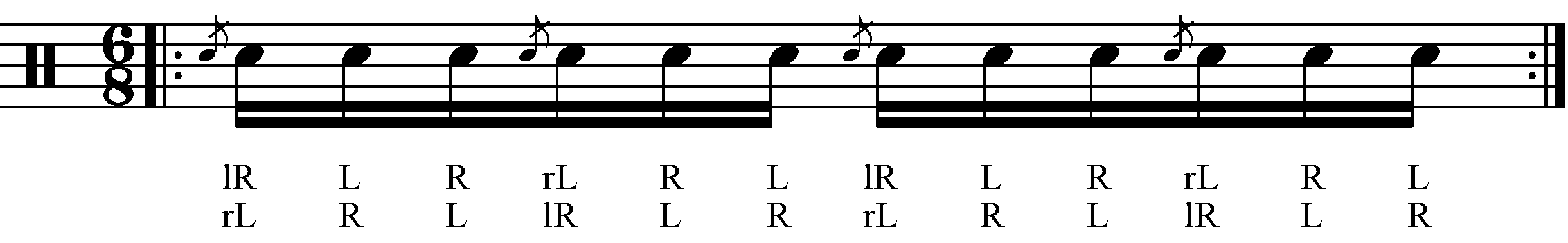 A Flam Accent in 6/8 played as sixteenths.