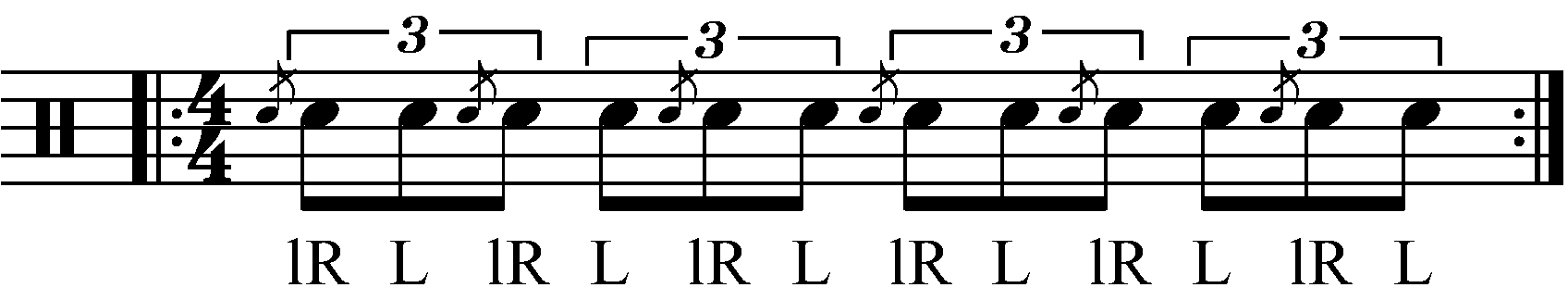 A Flam Tap as eighth note triplets in standard sticking.
