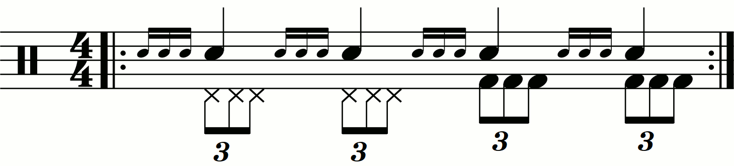 Eighth note triplets on the feet under a 4 Stroke Ruff