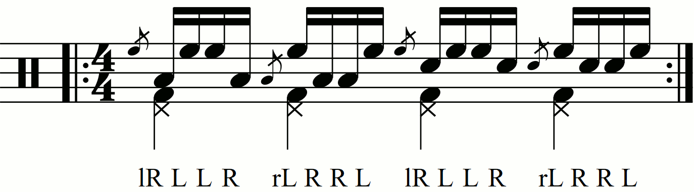 Inverted Flamadiddle with each hand playing a different drum
