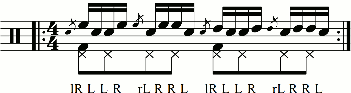 Inverted Flamadiddle with each hand playing a different drum