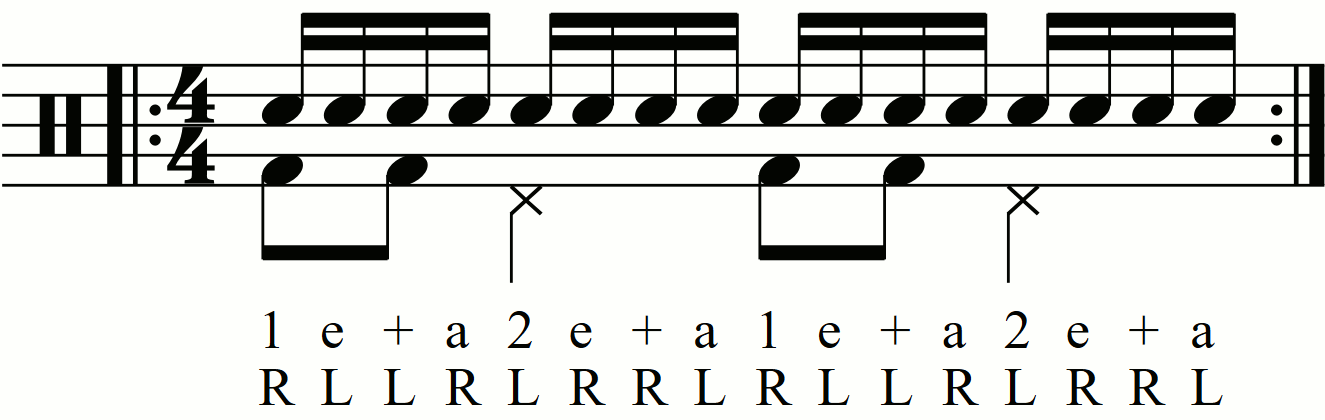 Applying level 0 groove movements on the feet under an inverted paradiddle