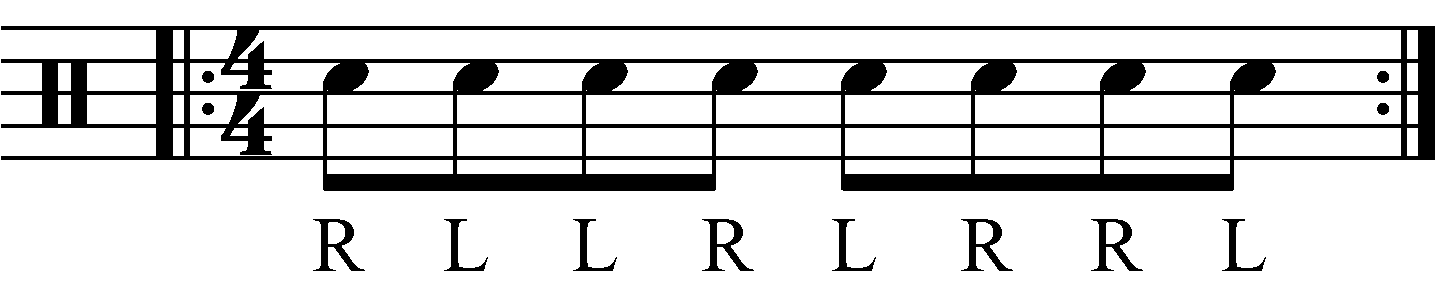 An inverted paradiddle in standard sticking as eighth notes.