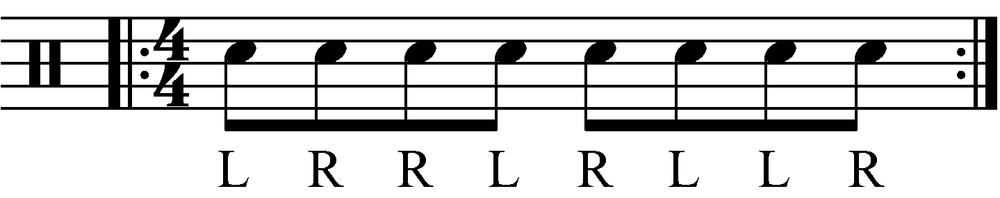 An inverted paradiddle in reverse sticking as eighth notes.
