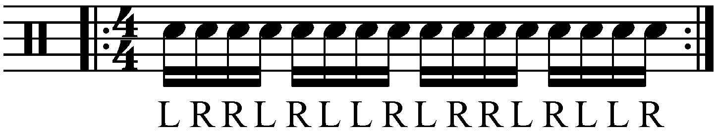 An inverted paradiddle in reverse sticking as sixteenth notes.