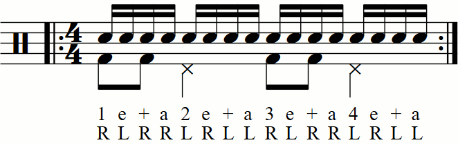 Applying level 0 groove movements on the feet under a paradiddle