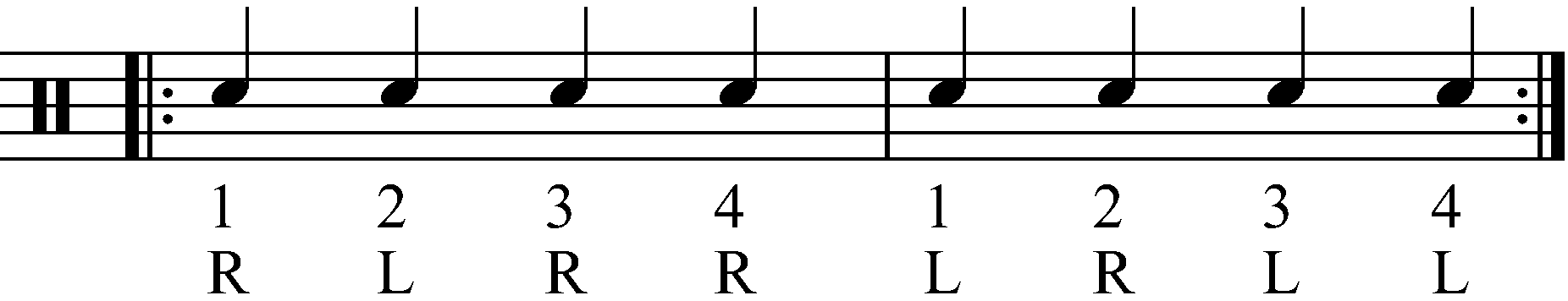 A Paradiddle in standard sticking as crotchets.