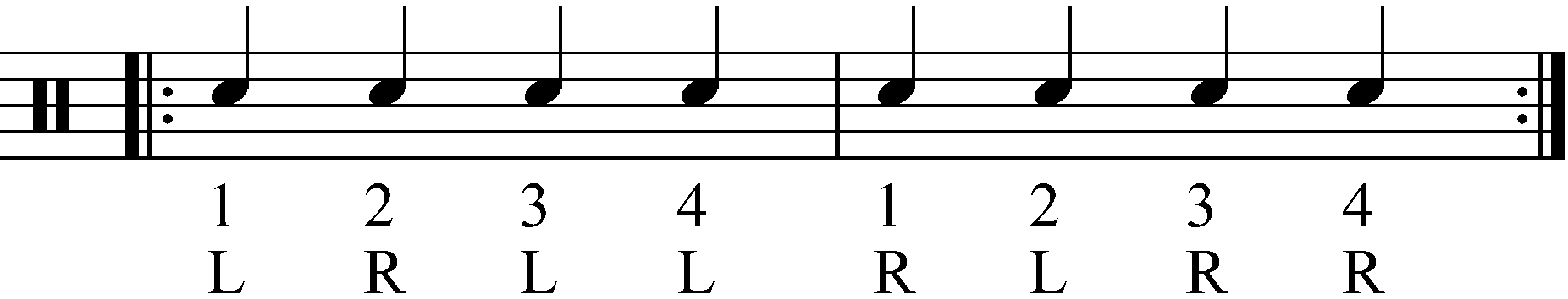 A Paradiddle in reversed sticking as crotchets.