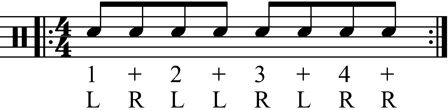 A Paradiddle in reversed sticking as quavers.