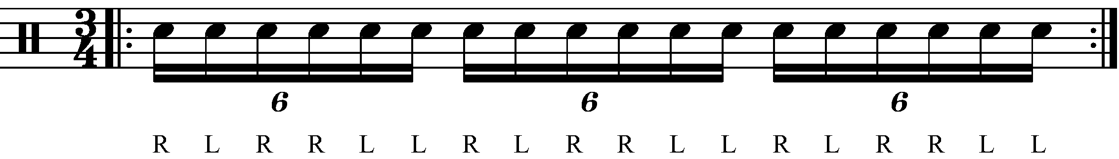 A Paradiddle diddle in 3/4 with standard sticking
