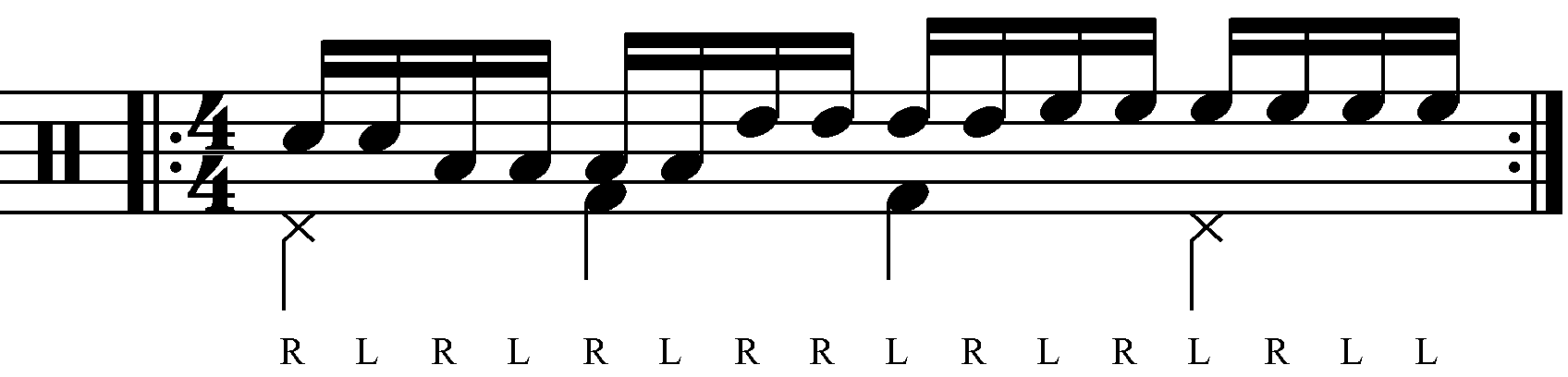 Triple Paradiddle played as staggered groups of Four