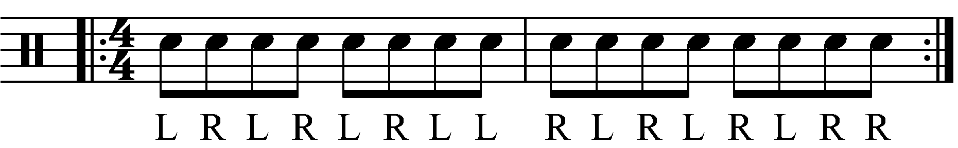 A triple paradiddle in reverse sticking.