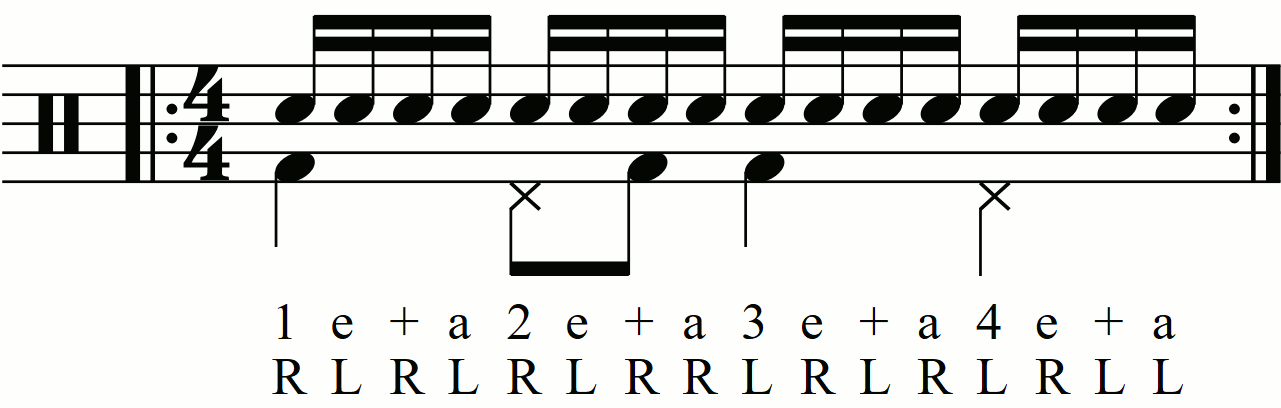 Applying level 0 groove movements on the feet under a triple paradiddle