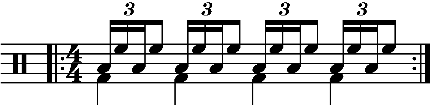 Single stroke four with each hand playing a different drum