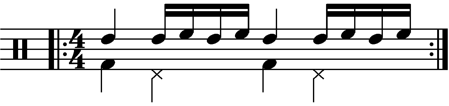 Single stroke five with each hand playing a different drum