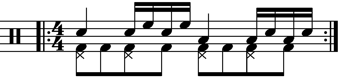 Single stroke five with each hand playing a different drum