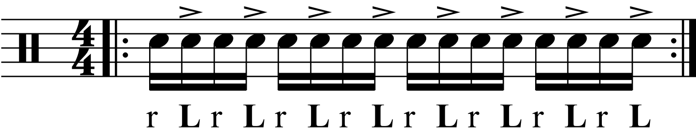Accenting left hand strokes in a single stroke roll