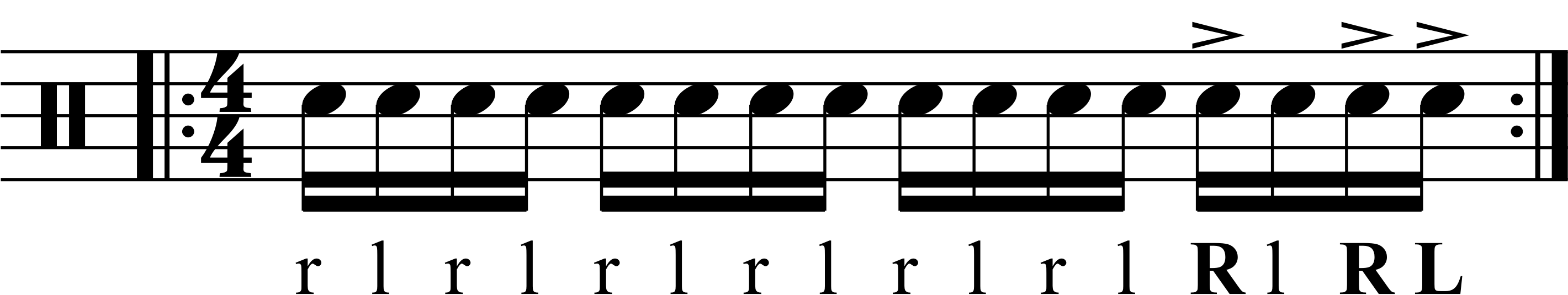 Sixteenth note grouping accent in a single stroke roll
