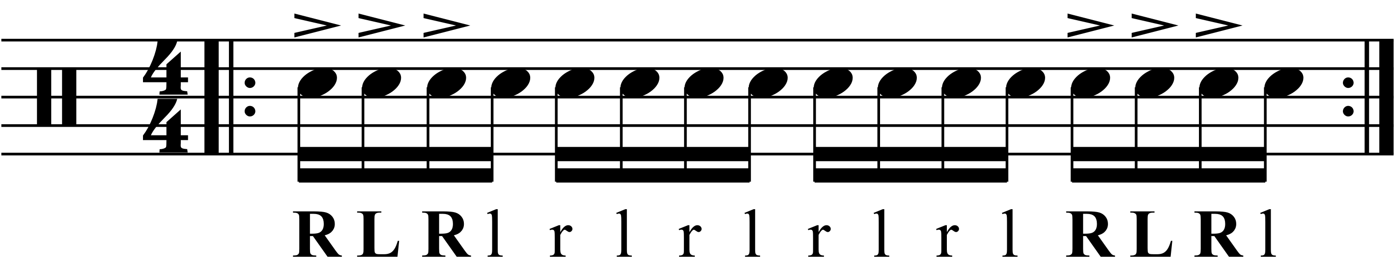 Accenting left hand strokes in a single stroke roll